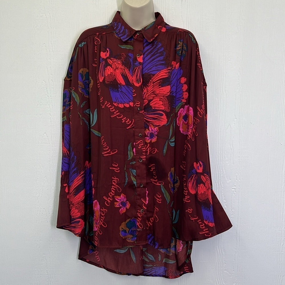 Free People - Silky NIghts Fun Print Button Down Long Sleeve Oversized Blouse S - Picture 2 of 11